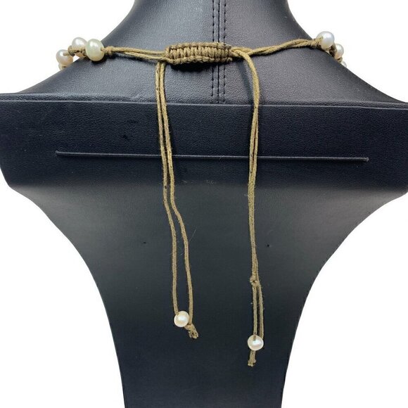 Genuine White Pearl Knotted ID Lanyard Necklace On Natural Fiber Cord 12"-18" - Picture 6 of 7